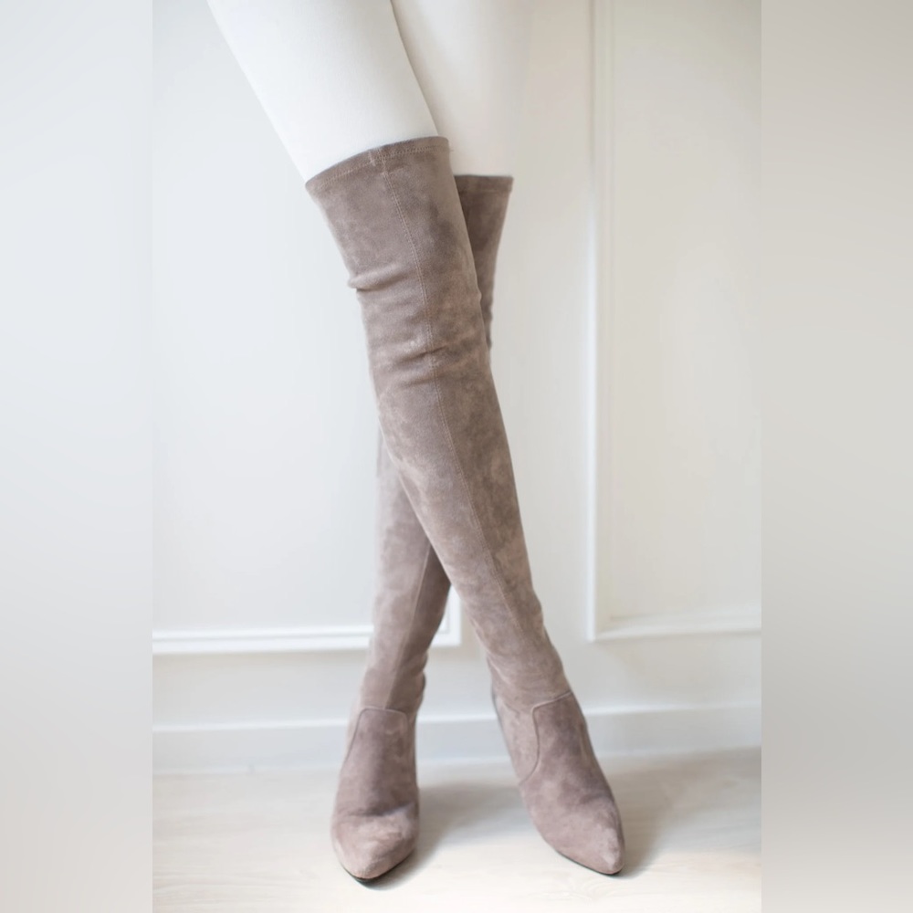 'Carina' Taupe Over The Knee Suede Leather Boots - Sexy Boots